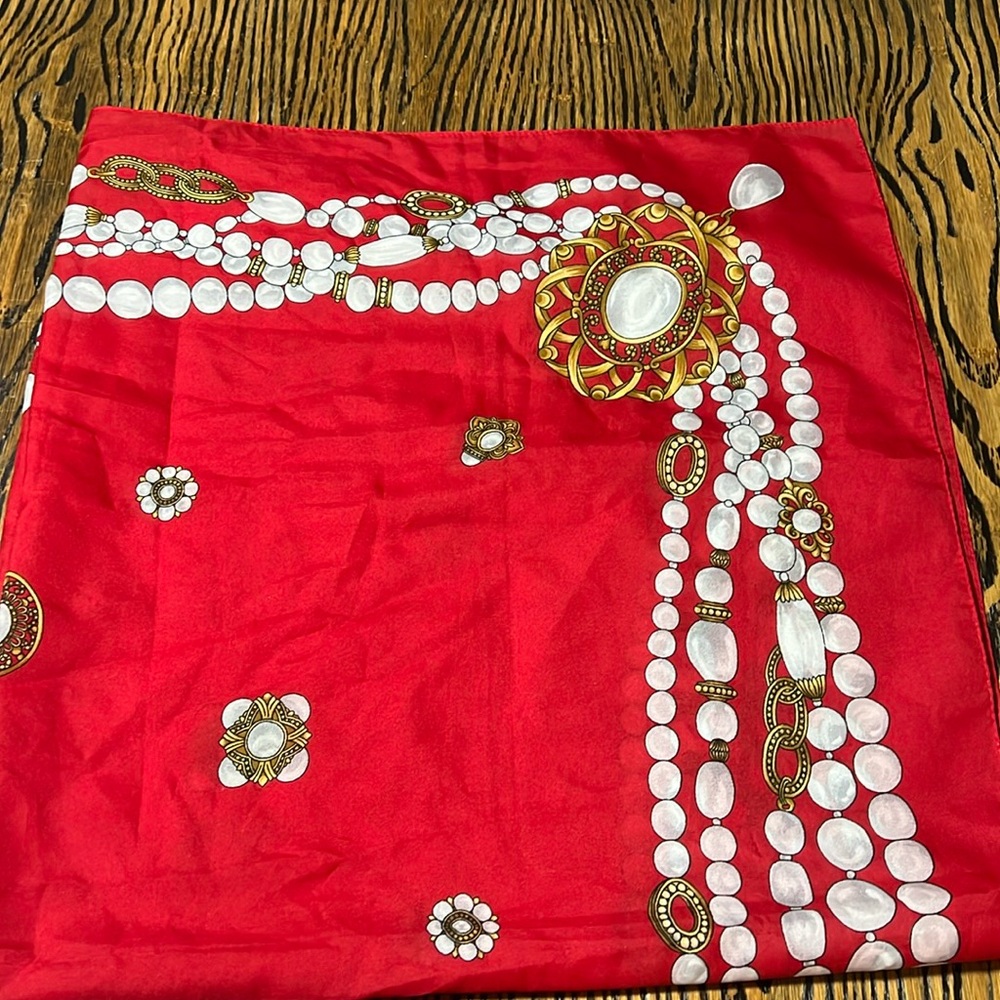 Red scarf with pearl and gold accents 35 x 35 square.